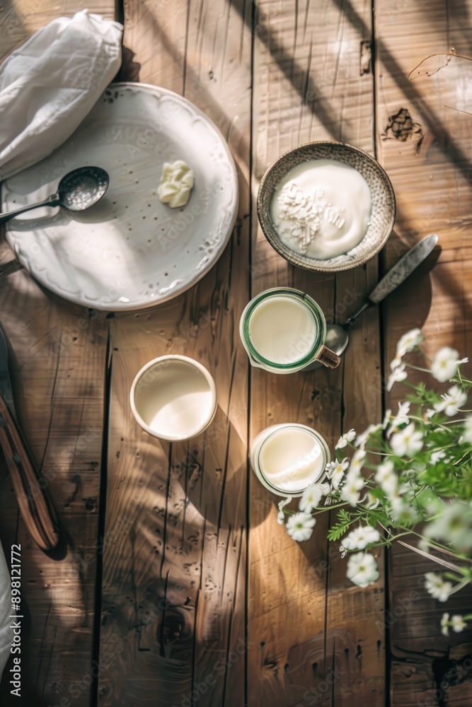 Rustic Dairy Still Life with Fresh Cheese, Milk, and Cottage Cheese in a Cozy Kitchen Rustic Dairy Still Life with Fresh Cheese, Milk, and Cottage Cheese in a Cozy Kitchen