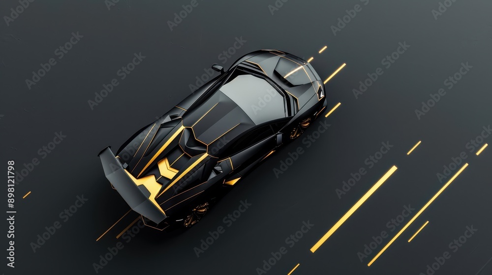 Concept car with a black background, built for speed and power. Powerful car with gold details, designed for fast transport. Concept car with a black background, built for speed and power. Powerful car with gold details, designed for fast transport.