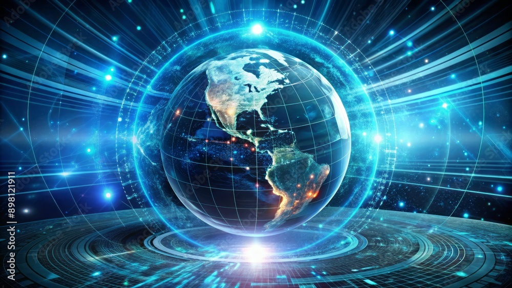 A futuristic, high-tech, glowing Earth globe surrounded by swirling digital data and abstract codes, symbolizing innovation and progress. A futuristic, high-tech, glowing Earth globe surrounded by swirling digital data and abstract codes, symbolizing innovation and progress.