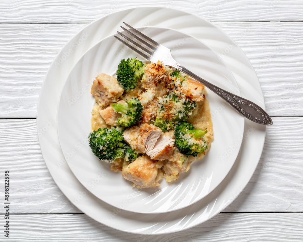 Chicken Divan with broccoli and panko, top view Chicken Divan with broccoli and panko, top view