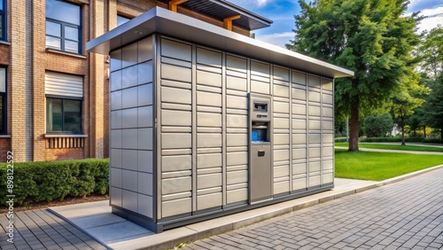 Modern automated parcel locker station with digital screens and secure metal compartments on urban street in Bialystok, Poland. © Wanlop