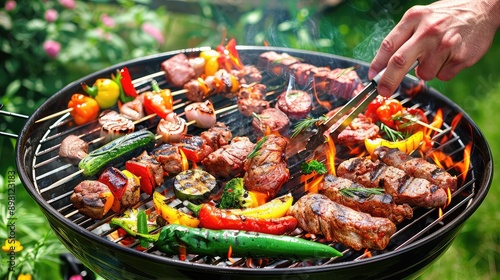 Grilled meat and vegetables outdoors. Selective focus.