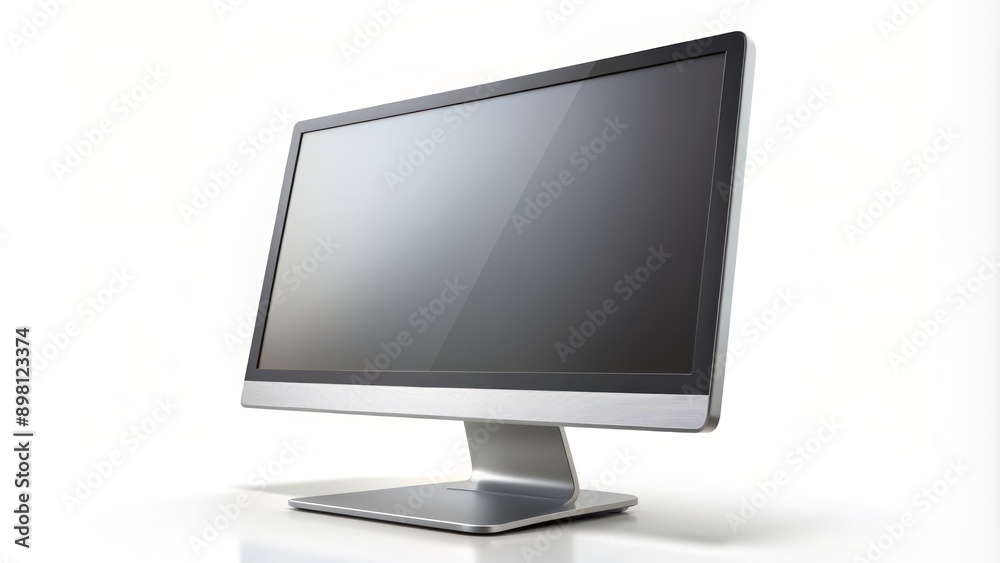 Highly realistic rendering of a sleek, silver, modern computer monitor with subtle screen glow, isolated on a plain white background. Highly realistic rendering of a sleek, silver, modern computer monitor with subtle screen glow, isolated on a plain white background.