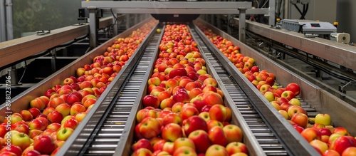 Apples on conveyor belt in modern food processing factory. Industrial production line for sorting and grading fruits.