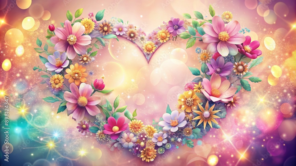 Vibrant, shimmering hearts and blooms set against a soft, pastel-hued backdrop, evoking love, romance, and celebration, perfect for Valentine's Day. Vibrant, shimmering hearts and blooms set against a soft, pastel-hued backdrop, evoking love, romance, and celebration, perfect for Valentine's Day.