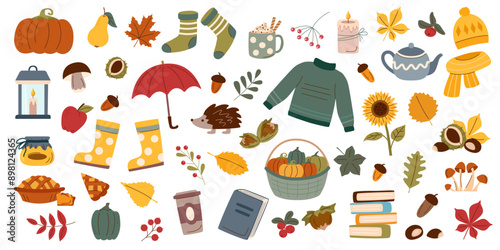 Autumn collection flat. Set of autumn elements. Autumn concept. Autumn clipart. Autumn objects set.	