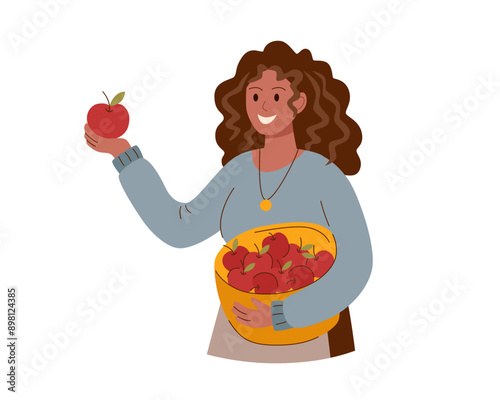 Harvest festival poster. Happy harvest poster. Autumn, harvest and Thanksgiving concept. Woman with basket of apples isolated on white.