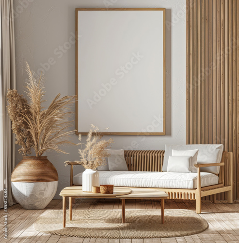 Stylish living room interior with neutral colors and natural mat photo