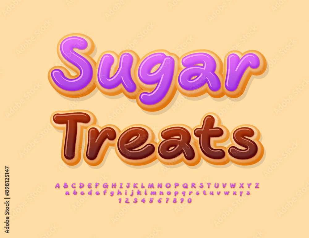 Vector Delicious label Sugar Treats. Sweet Donut style Font. Bright Tasty Alphabet Letters and Numbers set.