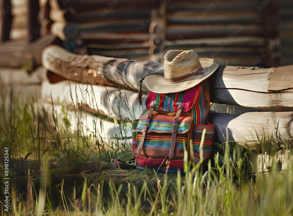 Fototapeta premium Multicolored mexican backpack on grass near country house, travel concept