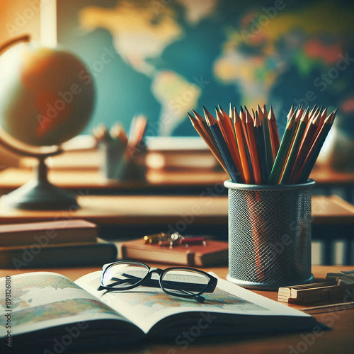 classroom table with textbooks and pencils and blurred background, Al Generation