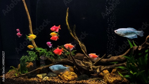 colorful aquarium with fish, freshwater aquarium, large aquarium with fish and plants, driftwood, aquarium
