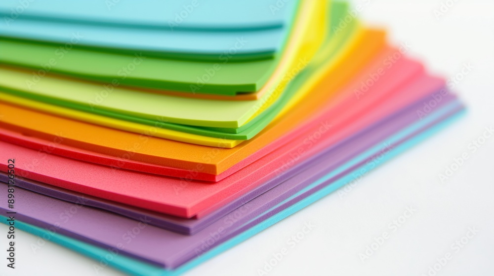 A set of craft foam sheets in bright colors, edges slightly fanned to display the color range, neatly stacked on a white background. A set of craft foam sheets in bright colors, edges slightly fanned to display the color range, neatly stacked on a white background.