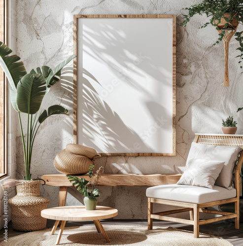 Minimalist living room interior with empty frame mockup natural photo