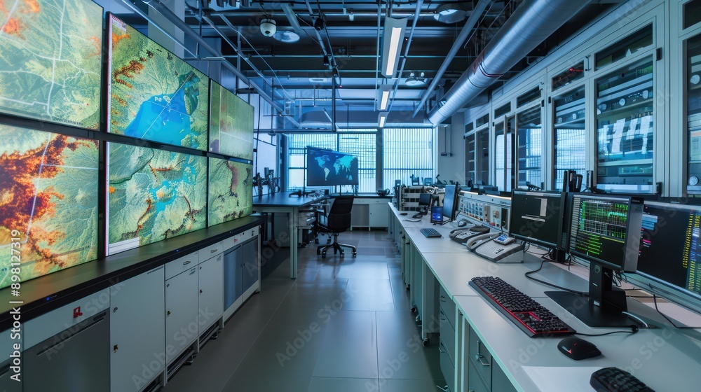 Fototapeta premium high-resolution geospatial analysis lab where researchers use digital mapping to study climate change and environmental impacts