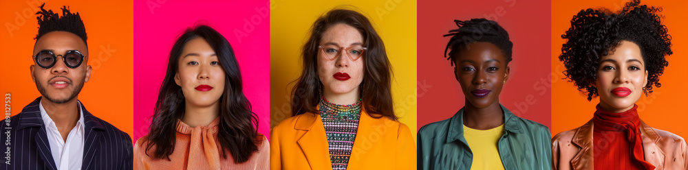 5 different people smiling, standing and sitting in front of colorful background, 5 different people smiling, standing and sitting in front of colorful background,