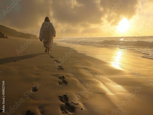 Jesus walking on a beach leaving heart-shaped footprints photo