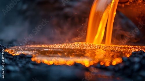 Molten metal pouring into a mold. photo