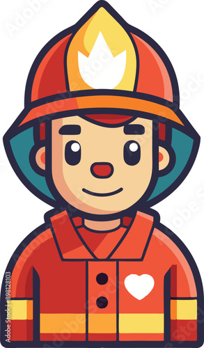 Smiling fireman wearing uniform and helmet with flame logo
