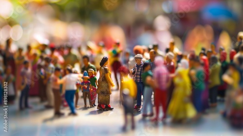 Miniature figurines of different cultural backgrounds gathered against a softly blurred international market, Celebrating diversity in global trade, photography style © Jessica
