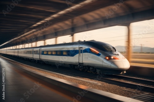 Modern high-speed train passing through a station platform