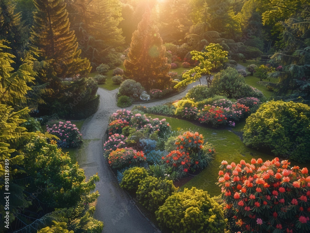 Expansive rhododendron park, diverse species, midday sun, bird's-eye view, vibrant blooms, wide-angle lens, crisp clarity Expansive rhododendron park, diverse species, midday sun, bird's-eye view, vibrant blooms, wide-angle lens, crisp clarity