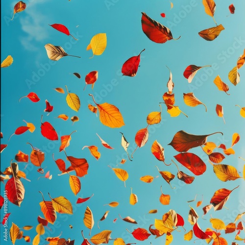 Brightly colored leaves of different shapes swirling against a clear autumn sky, creating a dynamic seasonal image