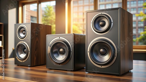 Modern sleek black sound system with three large speakers on top of a wooden cabinet against a blurred background.