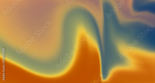 Vibrant yellow, blue, orange, gold colors abstract psychedelic digital blurry background. Artistic liquid wallpaper with flowing curves and wavy melting shapes and lines.
