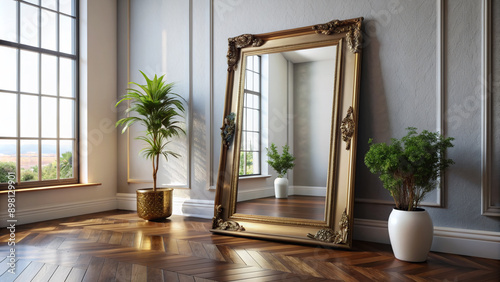 A sleek modern floor made of dark hardwood reflects a large ornate mirror with a golden frame, surrounded by minimal decor and natural light. photo