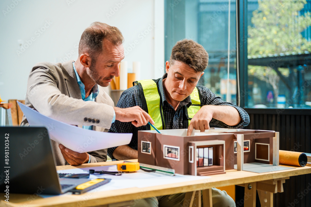 A Caucasian male engineer and an Italian male building contractor are planning and talking at a desk, examining house plans and a scale model with wooden textures for a renovation project. A Caucasian male engineer and an Italian male building contractor are planning and talking at a desk, examining house plans and a scale model with wooden textures for a renovation project.