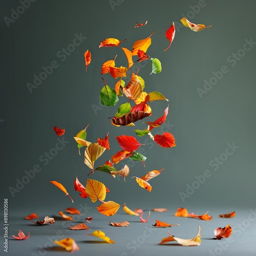 Multicolored fall leaves swirling and falling in a graceful dance, autumns vitality concept photo