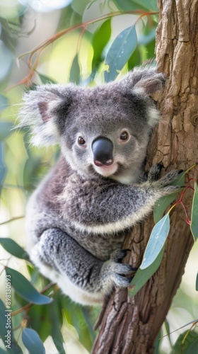 A fluffy koala clings to a tree branch in the Australian wilderness