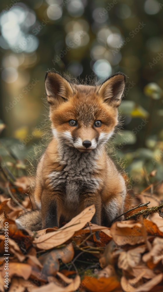 Naklejka premium Red fox kit sitting in a pile of leaves