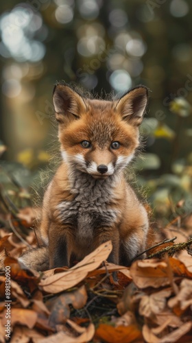 Red fox kit sitting in a pile of leaves © Leli