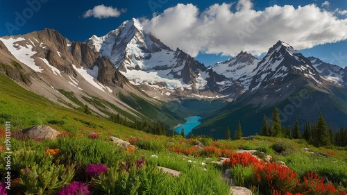 Mountain Ecosystems. Diverse plant and animal life, lush vegetation, and snow-capped peaks. Discover the thriving beauty of mountain ecosystems. photo