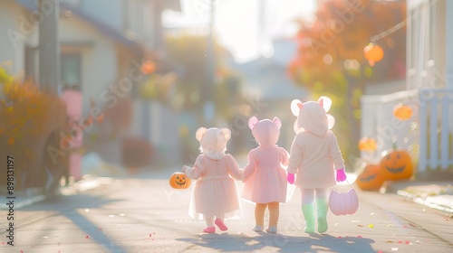 Children trickortreating in costumes close up, Halloween fun, realistic, Fusion, neighborhood photo