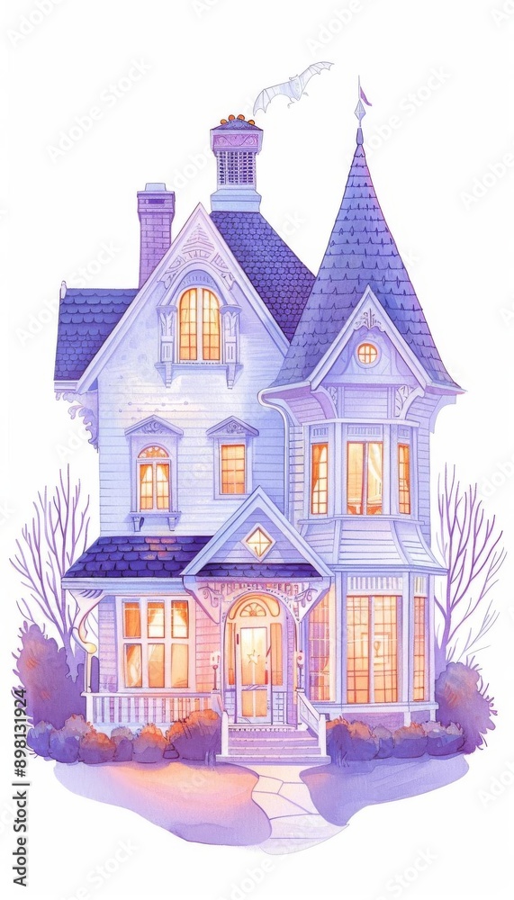 Fototapeta premium Haunted house, eerie shadows and flickering lights, spooky atmosphere, Watercolor style