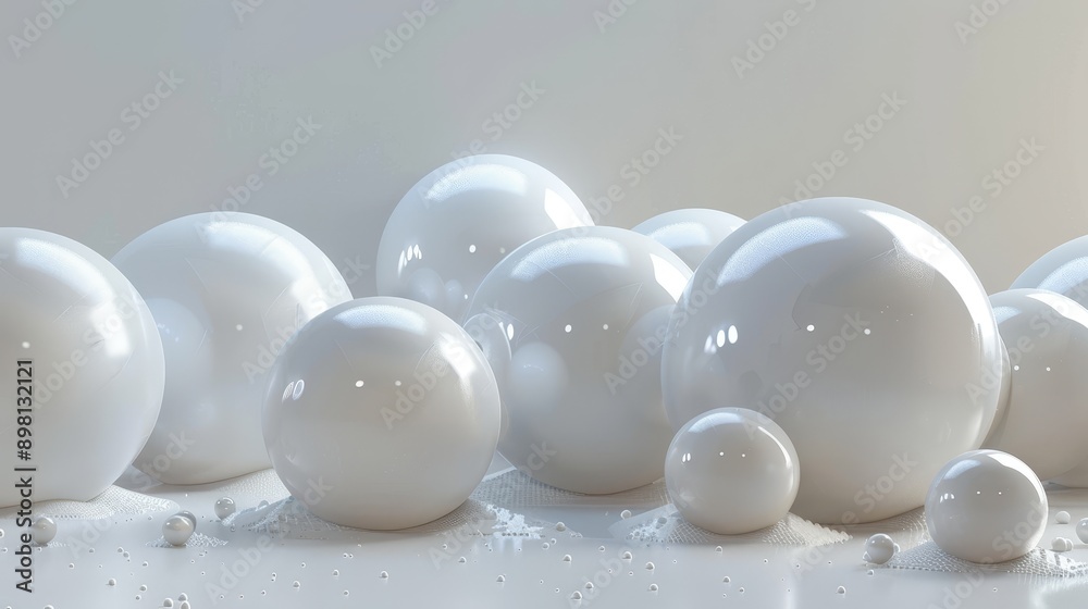 A cluster of shiny white spheres of various sizes on a white reflective surface. The spheres create a sense of purity and simplicity. A cluster of shiny white spheres of various sizes on a white reflective surface. The spheres create a sense of purity and simplicity.