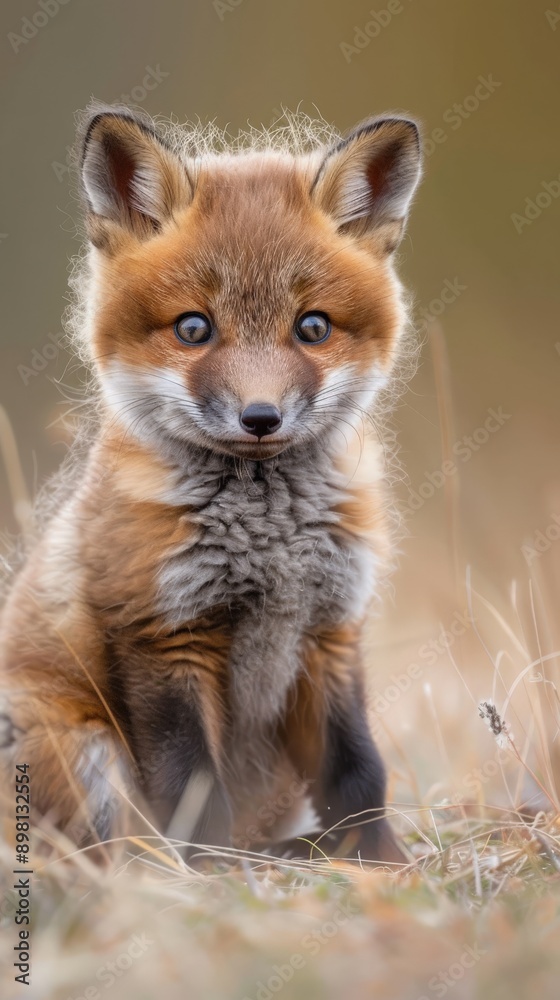 Fototapeta premium A red fox kit sits in a field of tall grass