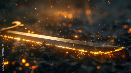 A glowing silver sword lies amidst a fiery battlefield, surrounded by sparks and embers. photo