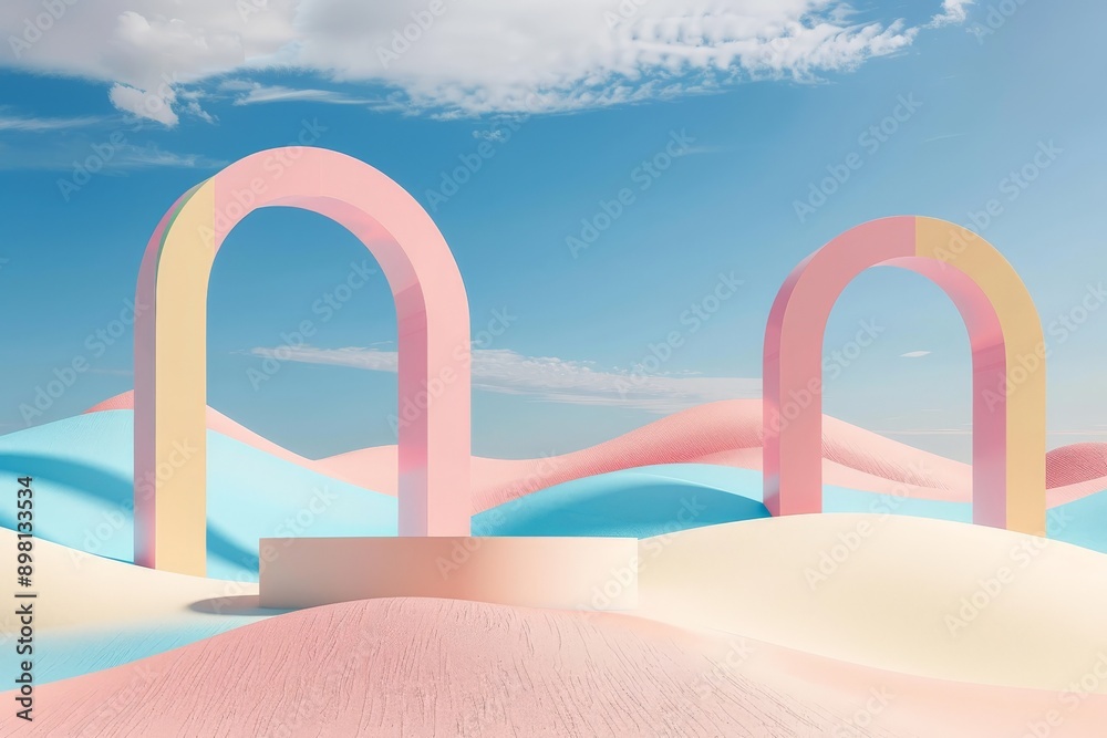 Two colorful arches in pastel hues stand amidst a gentle pastel desert landscape with soft hills and a clear blue sky, reflecting a sense of peace and creativity. Two colorful arches in pastel hues stand amidst a gentle pastel desert landscape with soft hills and a clear blue sky, reflecting a sense of peace and creativity.