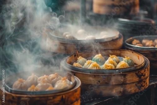 A collection of steaming bamboo baskets holding vibrant and mouthwatering dumplings, highlighting the delicate craftsmanship and culinary tradition of Chinese dim sum. photo