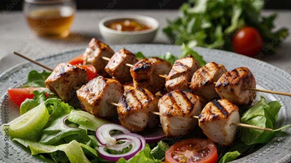 Flavorful grilled chicken and onion skewers, served with a fresh salad and croutons Flavorful grilled chicken and onion skewers, served with a fresh salad and croutons