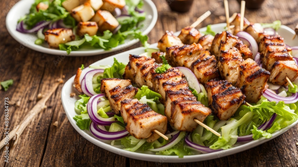 Flavorful grilled chicken and onion skewers, served with a fresh salad and croutons Flavorful grilled chicken and onion skewers, served with a fresh salad and croutons