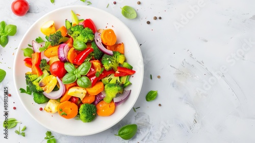 Plated roasted vegetables garnished with herbs focus on, culinary delight, vibrant, Overlay, dining table