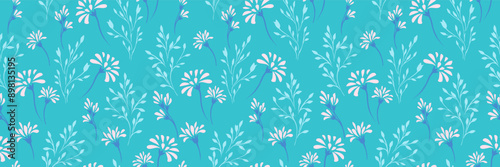 Colorful summer pattern with abstract tiny floral stems and small branches on blue background. Vector hand drawing unique flowers. Simple ornament for designs, textile, cover, surface design, fabric
