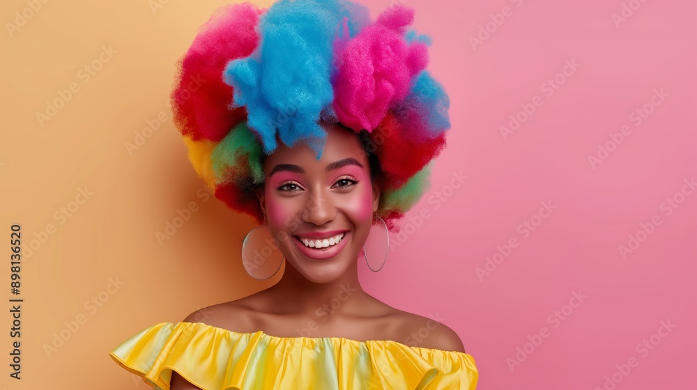 Fototapeta premium A woman in a clown wig and face paint is smiling and surrounded by colorful balloons. Concept of joy and celebration, as the woman is at a party or a carnival