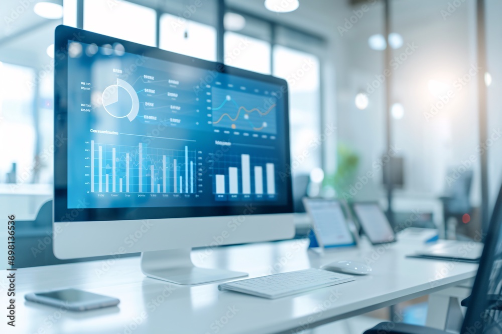 Business office with brand awareness analytics on a large screen Business office with brand awareness analytics on a large screen