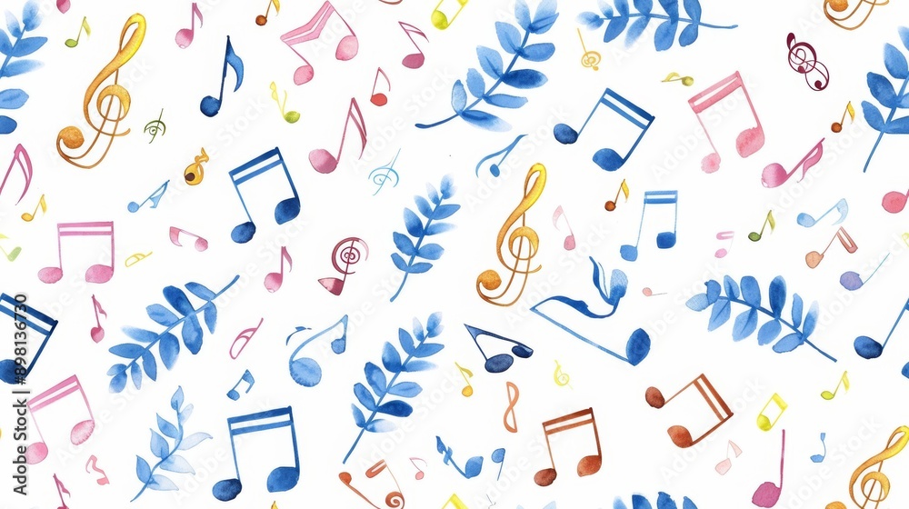 Music notes and flowing melodies depicted in a seamless musical pattern using watercolor style create an elegant and rhythmic design. Music notes and flowing melodies depicted in a seamless musical pattern using watercolor style create an elegant and rhythmic design.